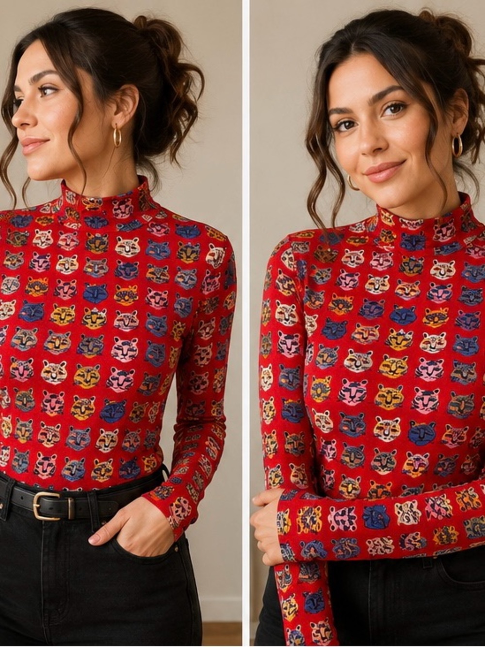Get Crooked Red Leopard Print Mock Neck Top | Women’s XL | Colorful Animal Print